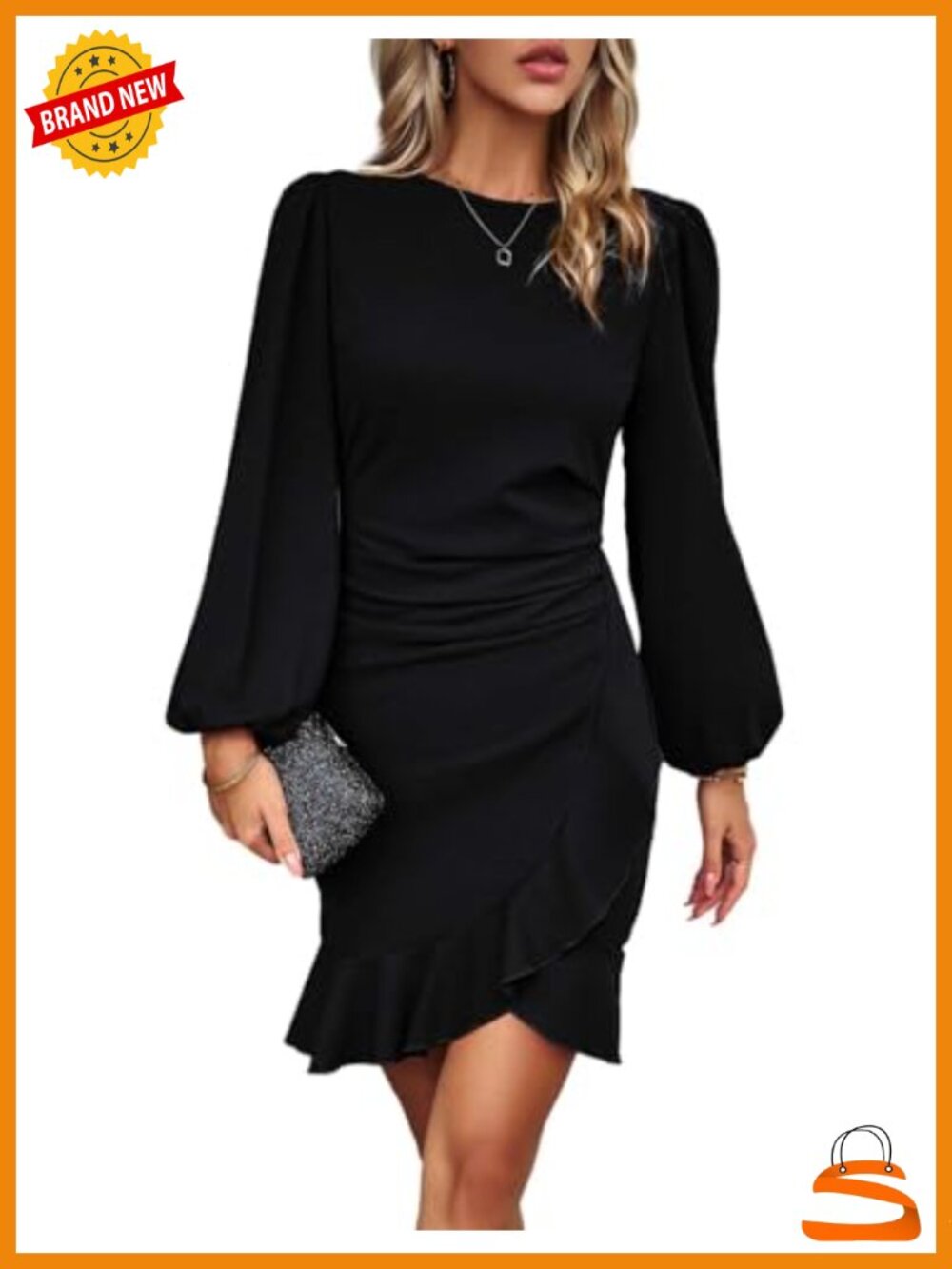 Ruched Bodycon Cocktail Dress Long Sleeve Ruffle Hem Work Mini